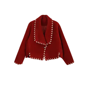 High end large lapel hand-patched leather weave woolen coat - Nuiee Red