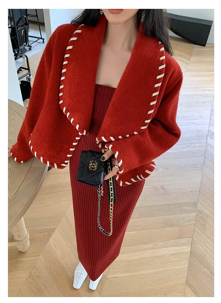 High end large lapel hand-patched leather weave woolen coat - Nuiee Red