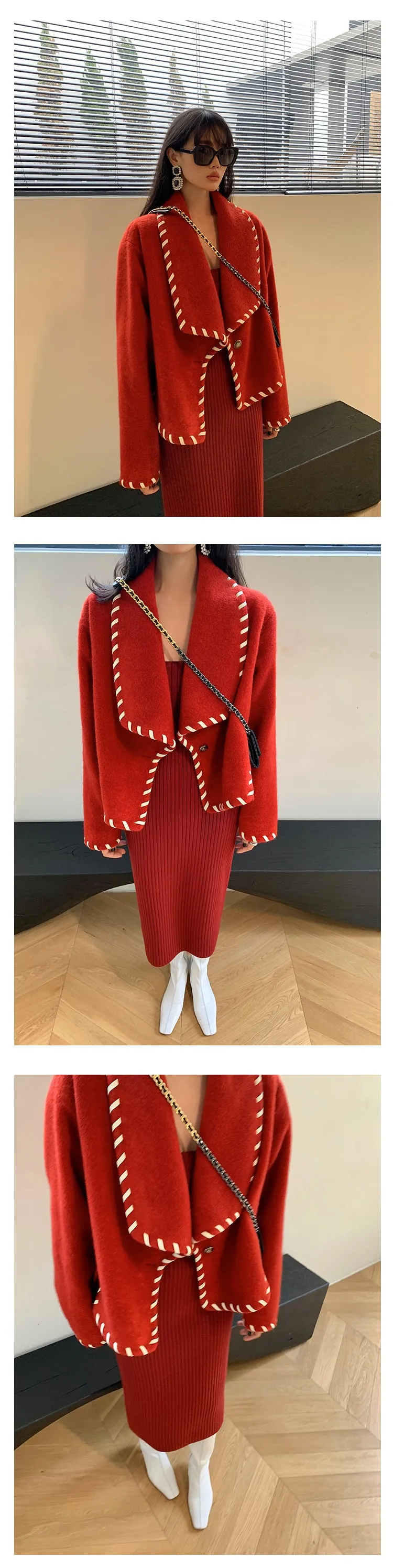 High end large lapel hand-patched leather weave woolen coat - Nuiee Red