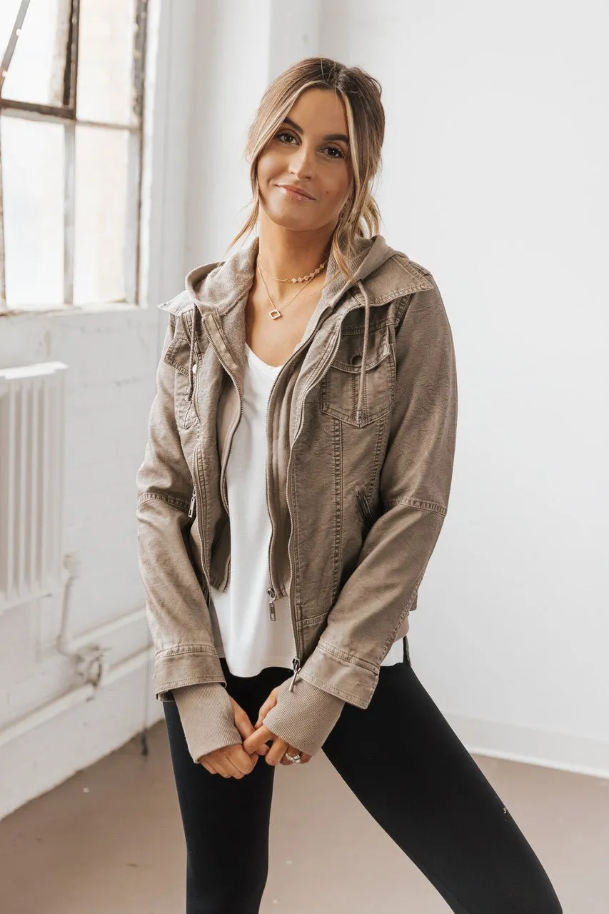 Hooded Sweatshirt Vegan Leather Grey Jacket