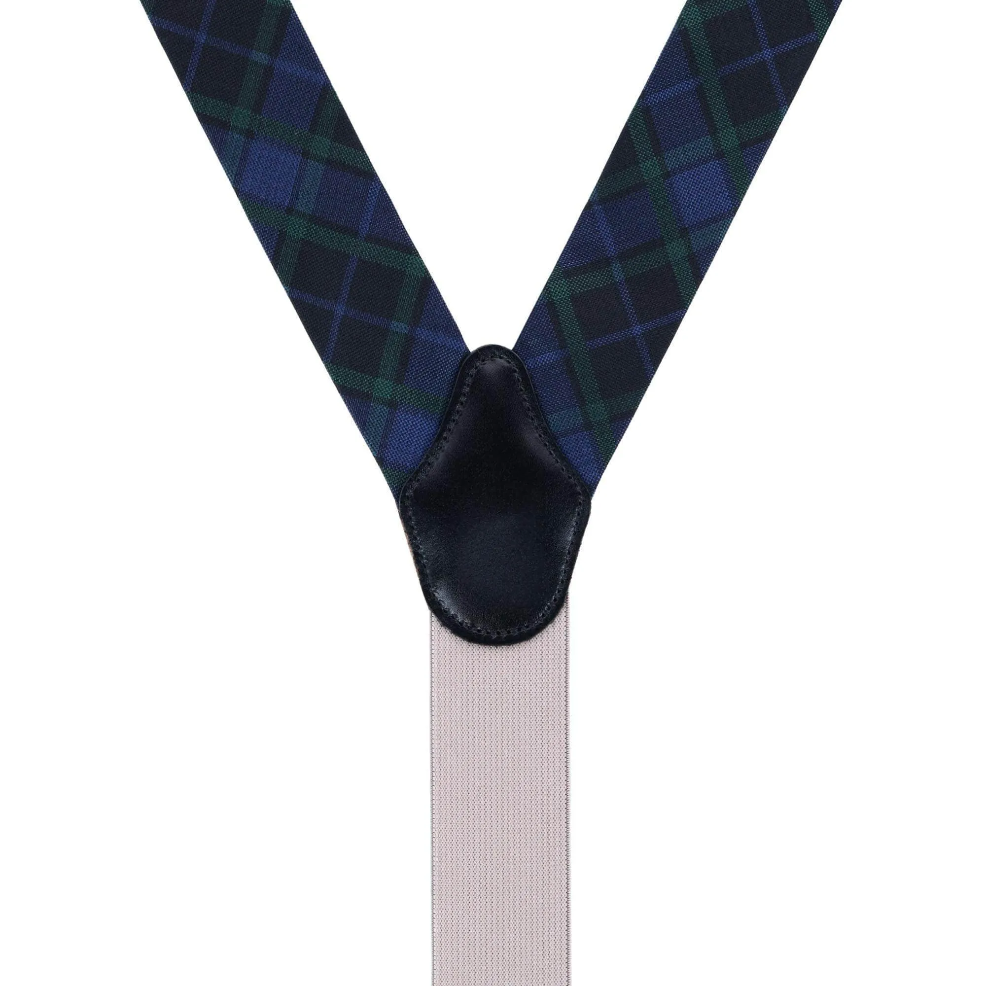 Ives Green and Navy Blackwatch Plaid Silk Button End Braces