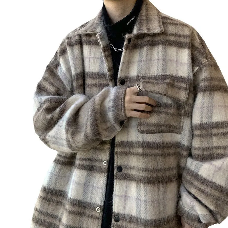 Jinquedai black men fashion urban Chanel Style Thickened Woolen Coat Men's Autumn and Winter Design Fashion Brand Loose Warm Plaid Jacket Stand Collar Cotton-Padded Jacket