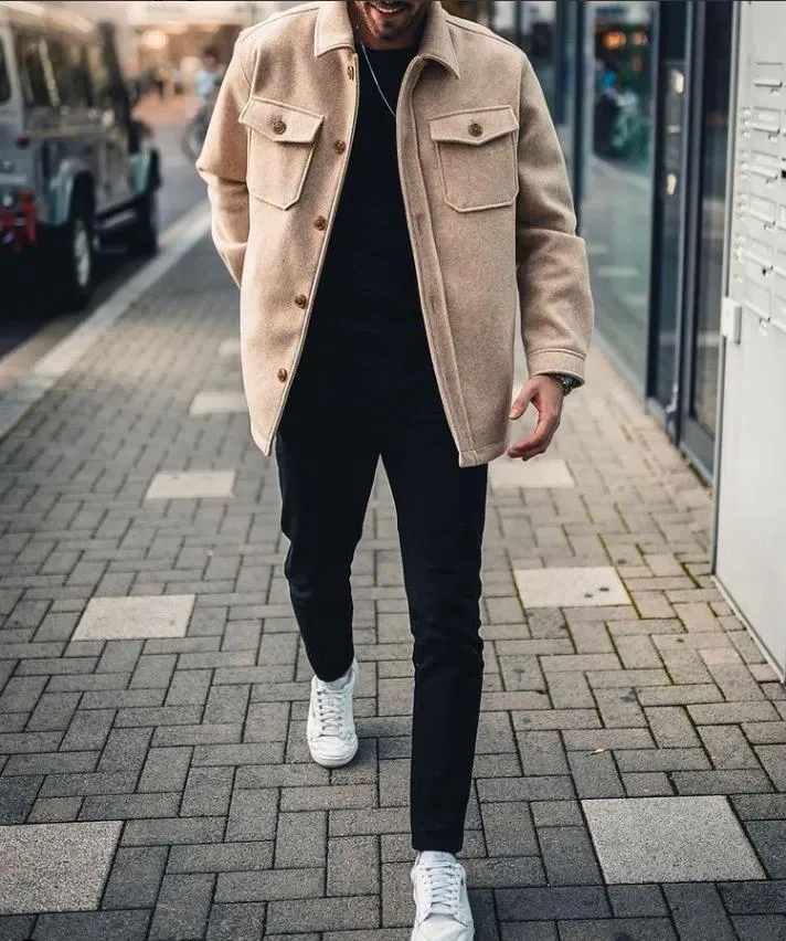 Jinquedai men fall outfits casual Autumn and Winter New Men's Youth Casual Men's Jacket Coat Woolen Overcoat Coat Men