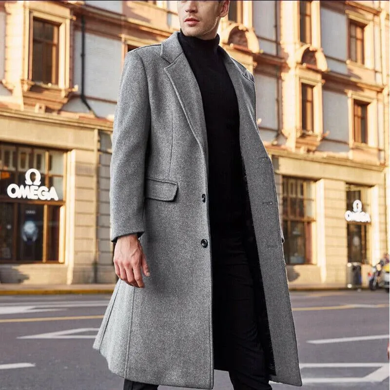 Jinquedai mens fashion New British Men's Long Trench Coat Woolen Coat Men's Woolen Coat