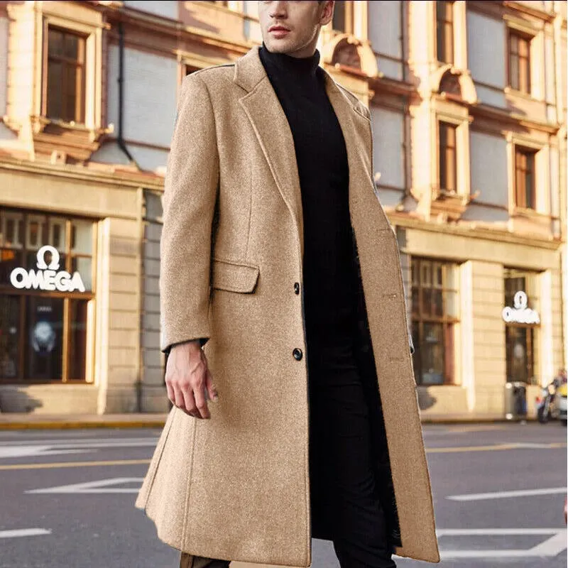 Jinquedai mens fashion New British Men's Long Trench Coat Woolen Coat Men's Woolen Coat