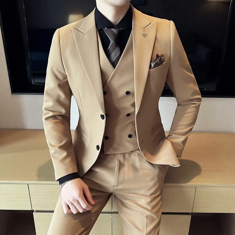 Korean Style Double Buckle Three-piece Slim Fit Light Business Suit