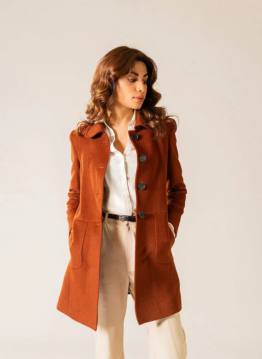 Ladies Long Coat - Woolen Fleece Camel Brown Plain