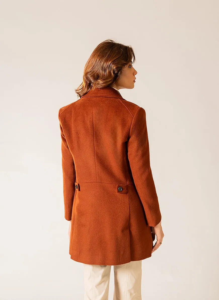 Ladies Long Coat - Woolen Fleece Camel Brown Plain