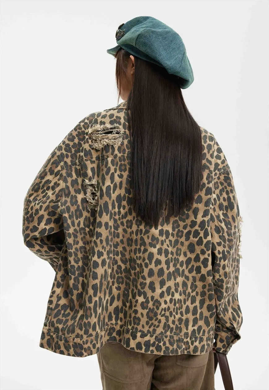 Leopard denim jacket ripped animal jean bomber cheetah coat