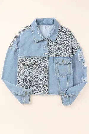 Leopard Ripped Cropped Denim Jacket