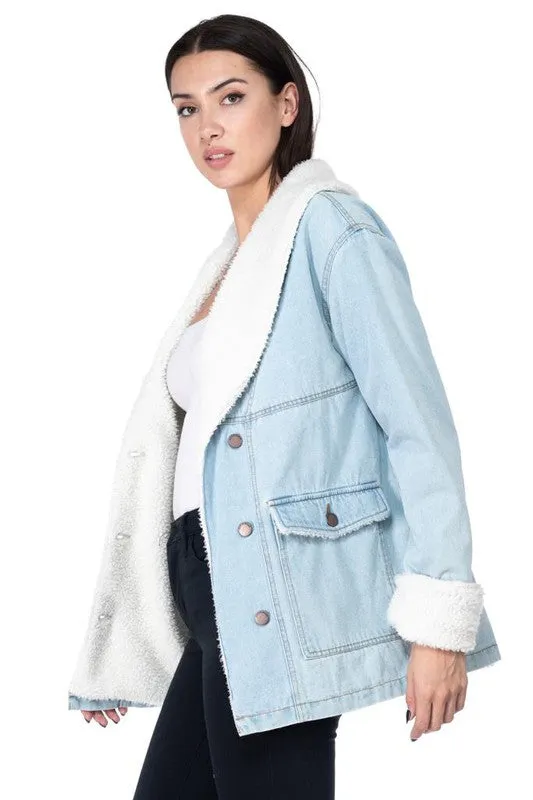 Light Blue Long Sleeve Jacket With Sherpa Lining