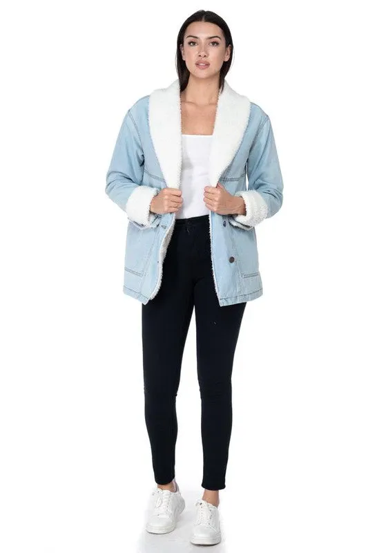 Light Blue Long Sleeve Jacket With Sherpa Lining