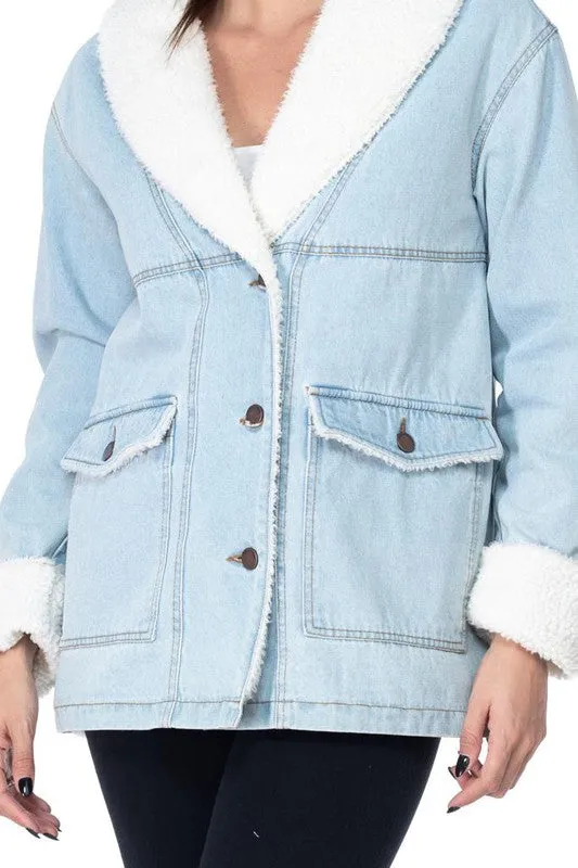 Light Blue Long Sleeve Jacket With Sherpa Lining