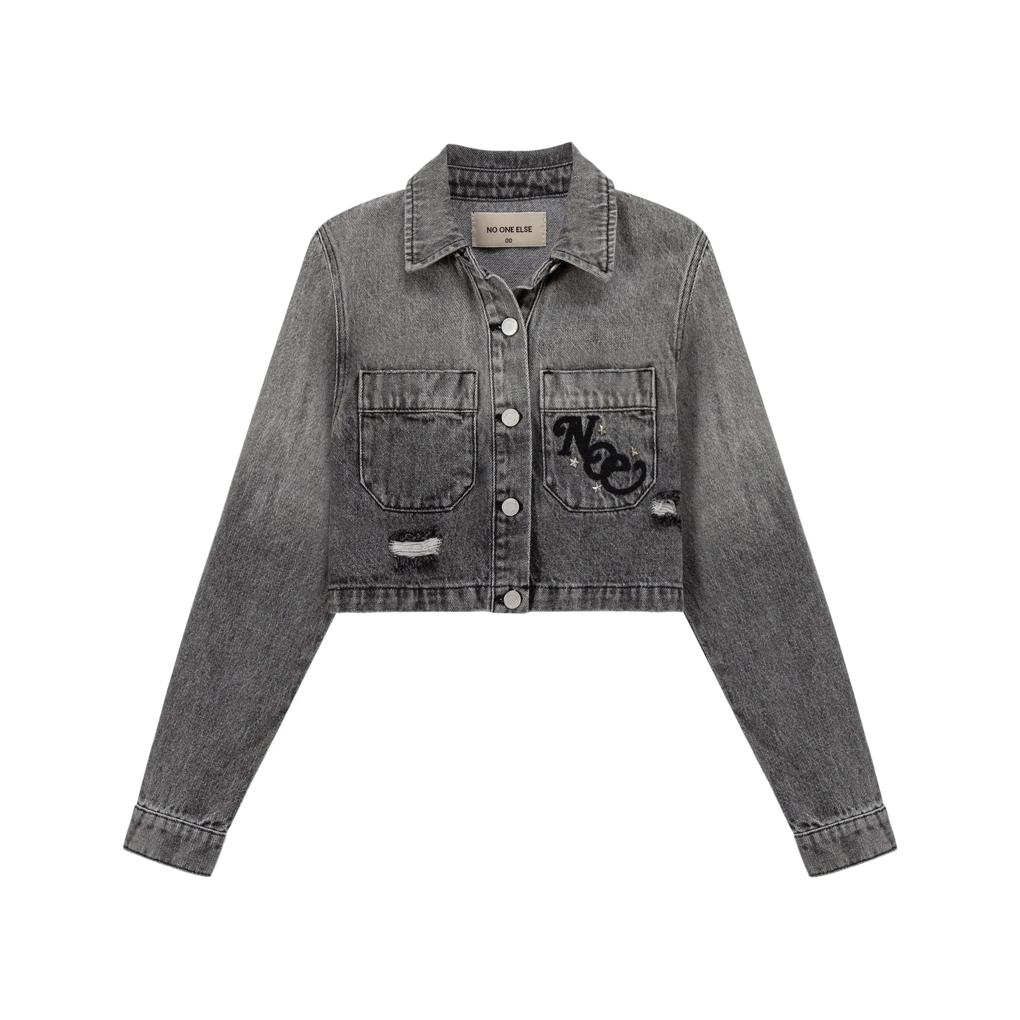 Logo Washed Embroidered Cropped Ripped Denim Jacket