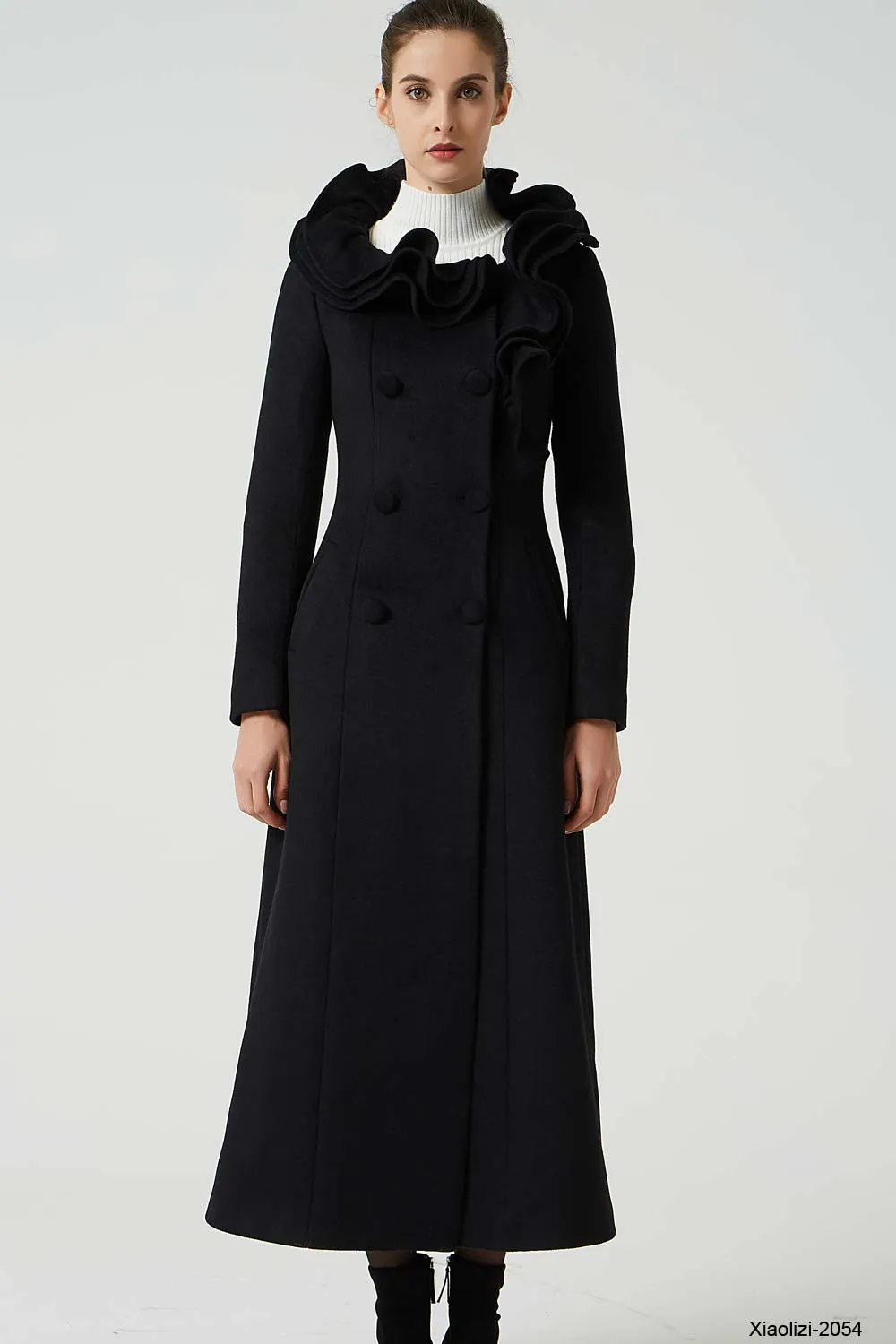 maxi black ruffle wool coat, long trench coat 2054#