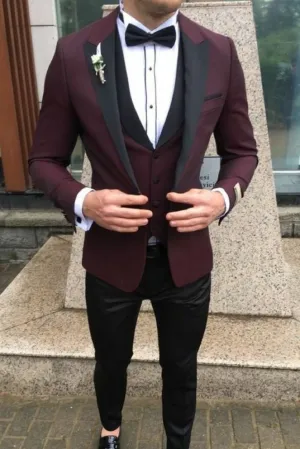 Men 3 Piece Suit Tuxedo Maroon Slim Fit Suit Wedding Suit, Dinner Suit, Fashion Party Wear Suits Bespoke Tailoring