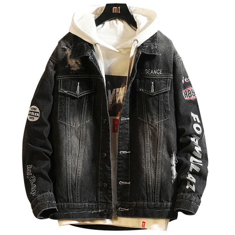 Men Denim Jacket Letter Embroidered Ripped Denim Coat Jacket