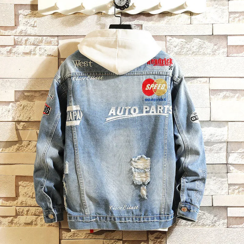 Men Denim Jacket Letter Embroidered Ripped Denim Coat Jacket