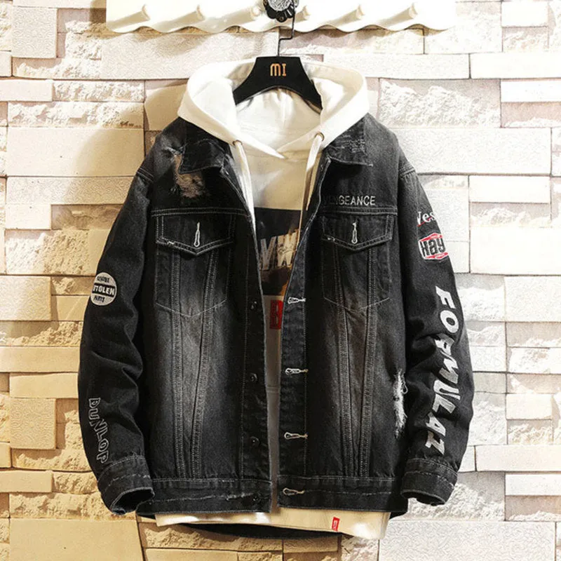 Men Denim Jacket Letter Embroidered Ripped Denim Coat Jacket