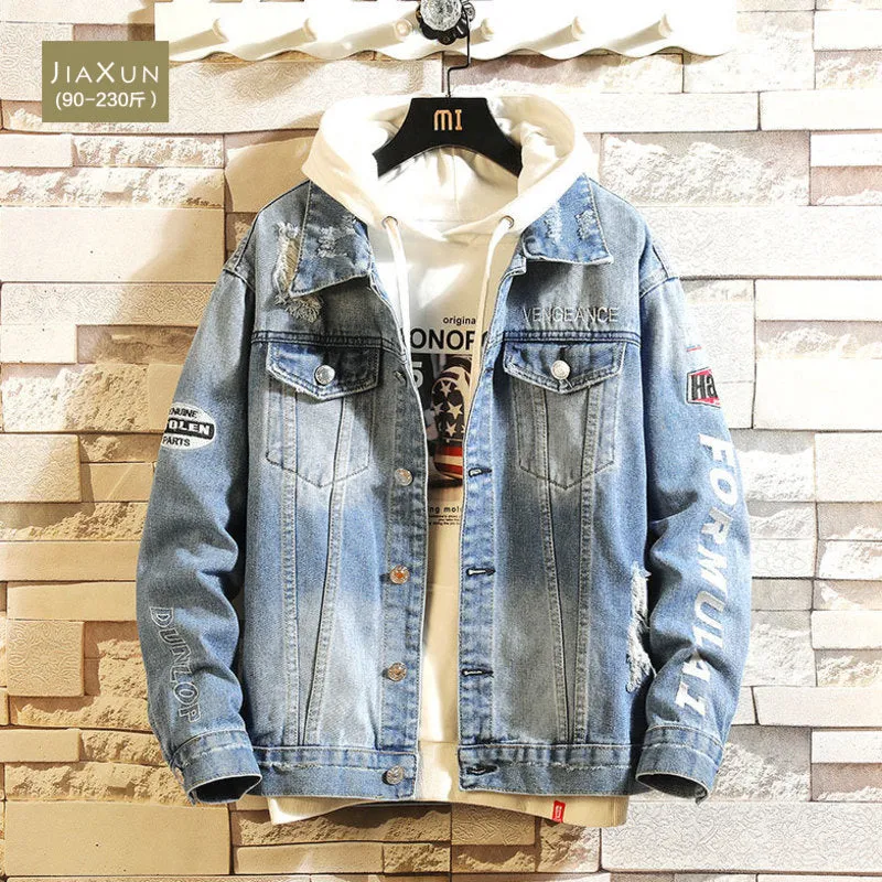 Men Denim Jacket Letter Embroidered Ripped Denim Coat Jacket