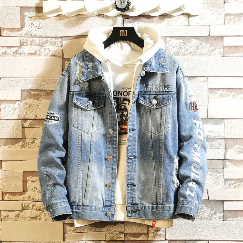 Men Denim Jacket Letter Embroidered Ripped Denim Coat Jacket