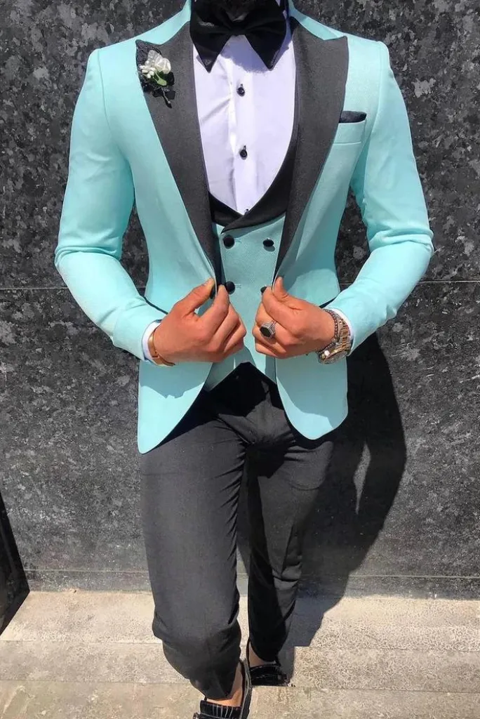 Men Oxy Blue 3 Piece Tuxedo Suit With Black Pant Wedding Suit Dinner Prom Wear Party Wear Bespoke Tailoring