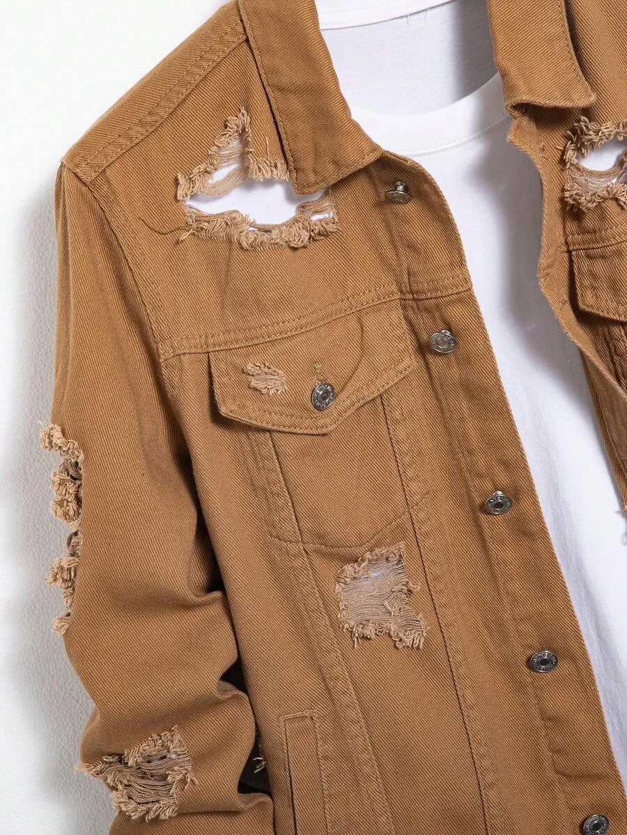 Men Ripped Frayed Flap Pocket Denim Jacket Without Tee