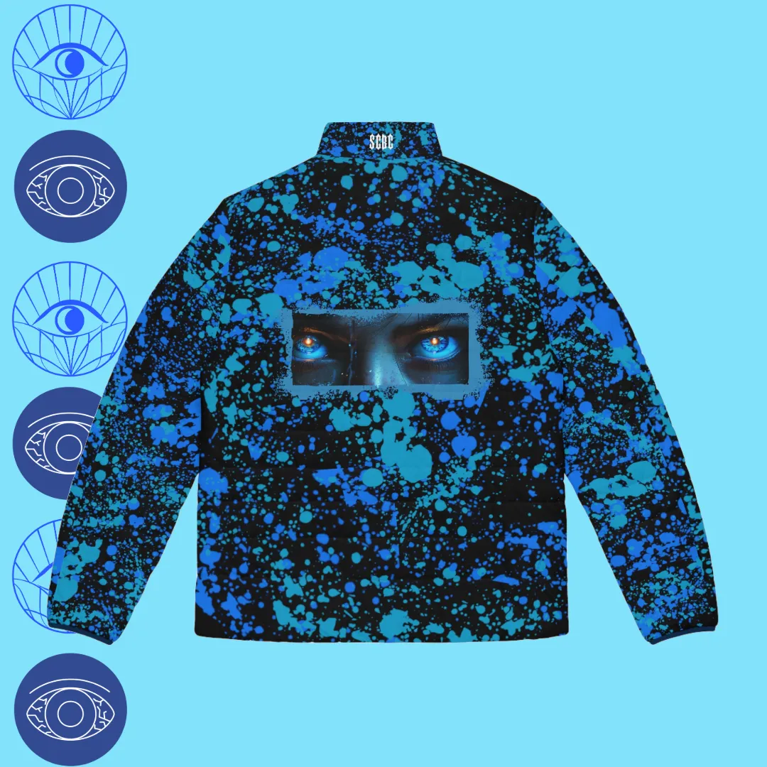 Men' s SCBC "Peering Eyes" Puffer Jacket (AOP). Puffer Jacket, Spring, Men's Clothes, Warm Jacket, Lightweight, Art, Graphic Design