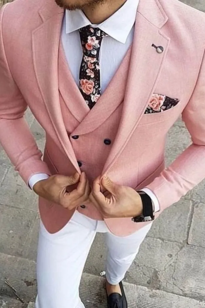 Men Three Piece Suit Peach With White One Button Suits Wedding Grooms Suit Bespoke For Men