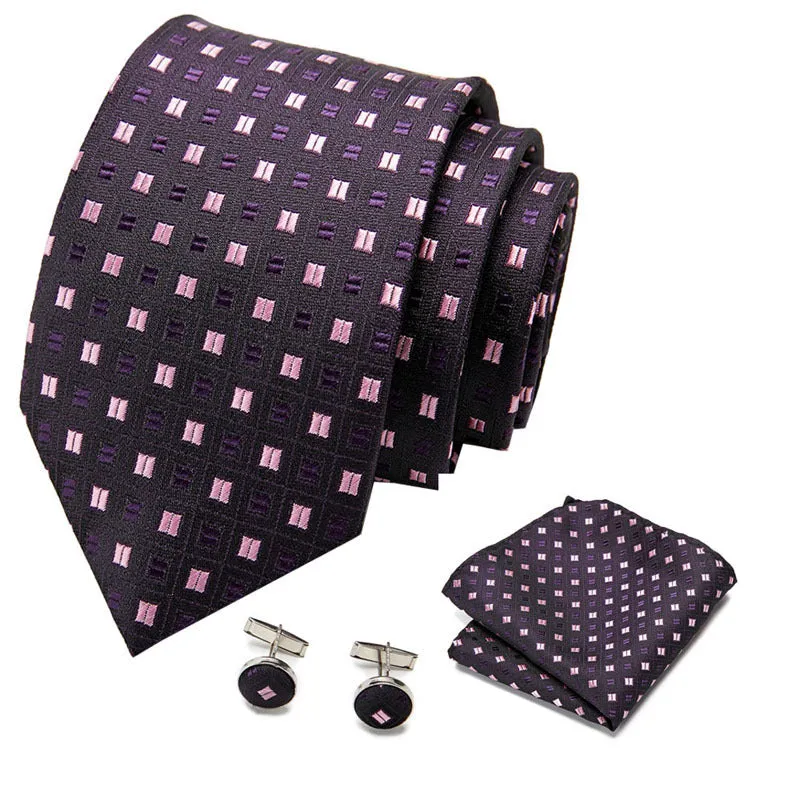 Men's Formal Business Suit And Tie Men Plaid Check Necktie and Pocket Square Cufflinks Tie Clip Set Wedding Necktie with Gift Box, lioness-love