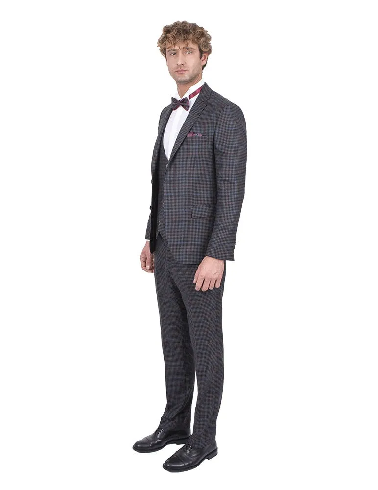 Men's Grey Three Piece Plaid Check Suit