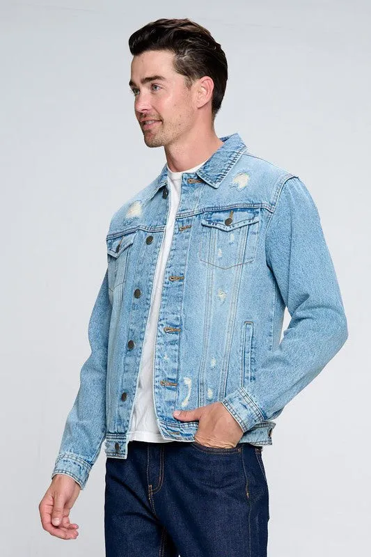 Men's Light Blue Denim Jacket with Distressed