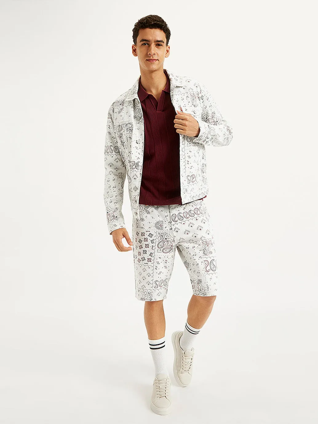 Men's Printed White Spread Collar Trucker Jacket