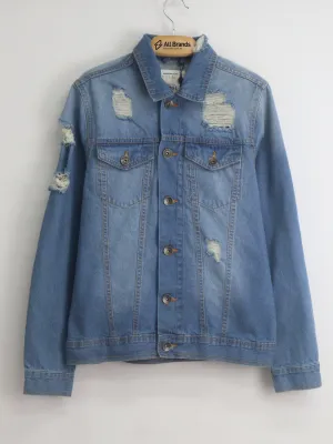 Men's Ripped Washed Denim Jacket,Blue