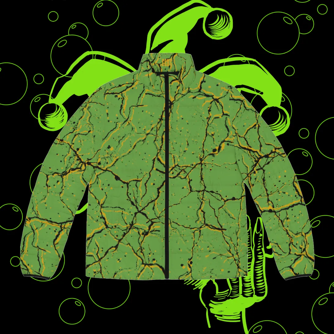 Men's SCBC "Face Crack" Puffer Jacket (AOP). Puffer Jacket, Spring, Mens Clothes, Warm Jacket, Lightweight, Clown, Graphic Design.