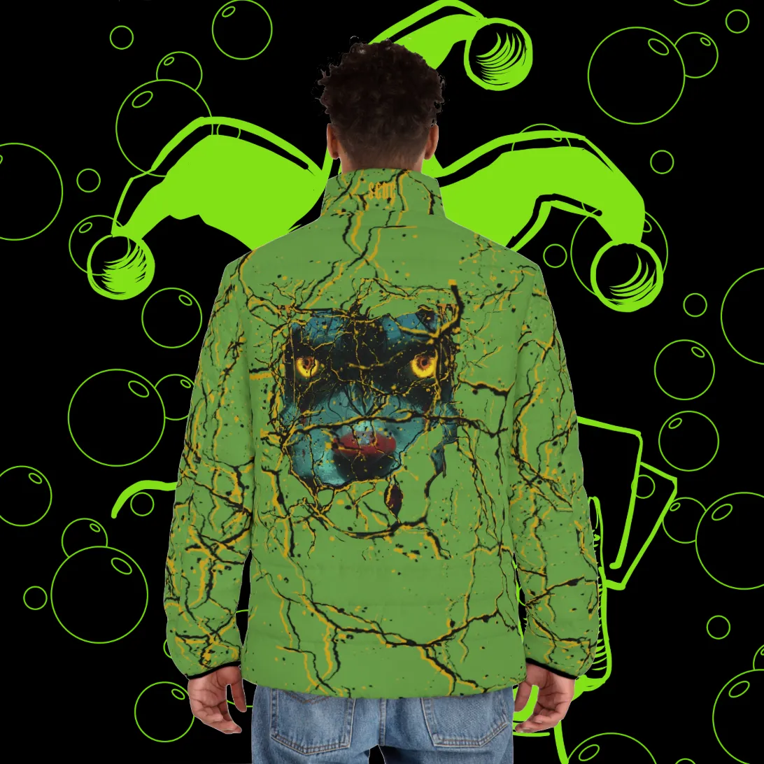 Men's SCBC "Face Crack" Puffer Jacket (AOP). Puffer Jacket, Spring, Mens Clothes, Warm Jacket, Lightweight, Clown, Graphic Design.