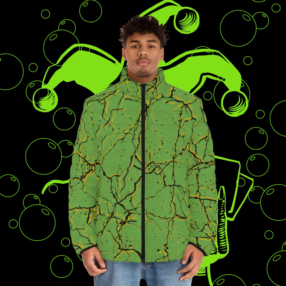 Men's SCBC "Face Crack" Puffer Jacket (AOP). Puffer Jacket, Spring, Mens Clothes, Warm Jacket, Lightweight, Clown, Graphic Design.