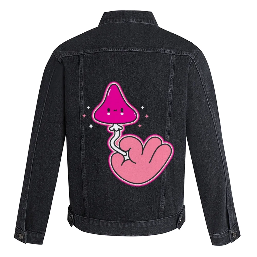 Mens Vintage Cartoon Prints Pink Mushroom Denim Jacket