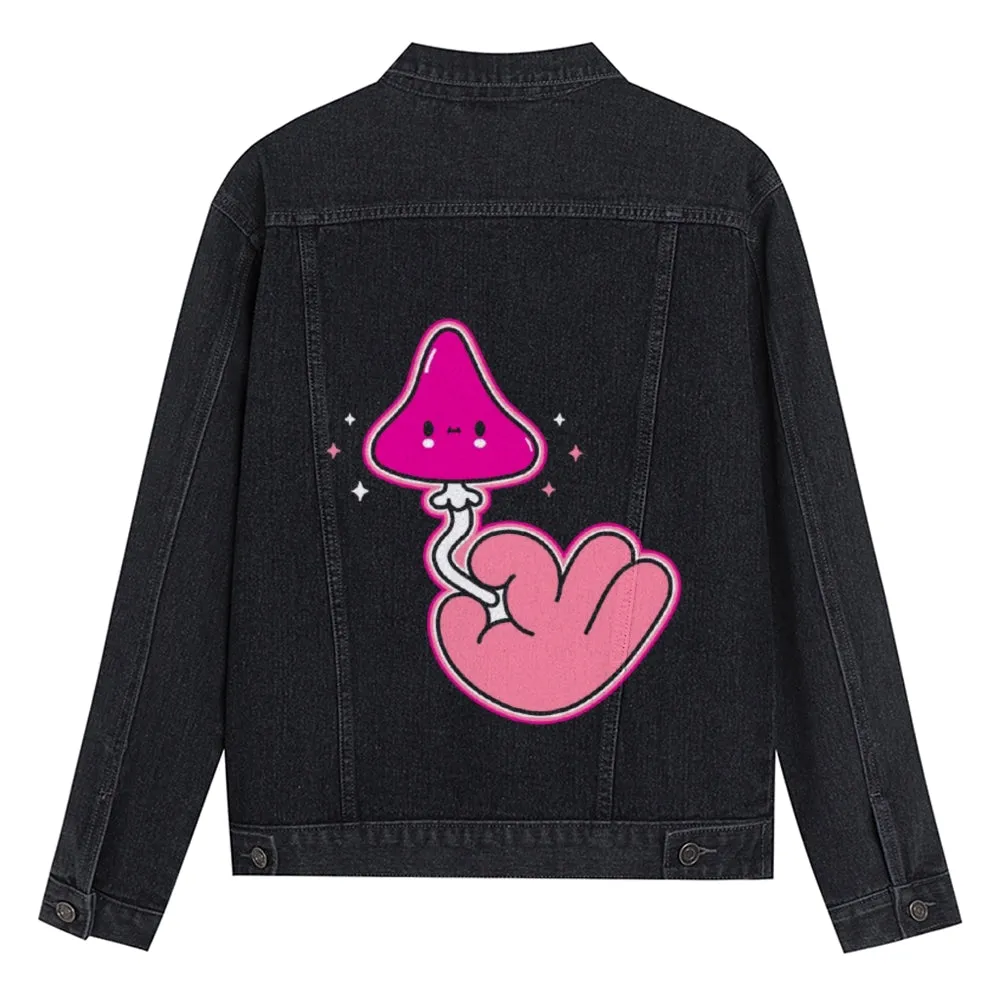 Mens Vintage Cartoon Prints Pink Mushroom Denim Jacket