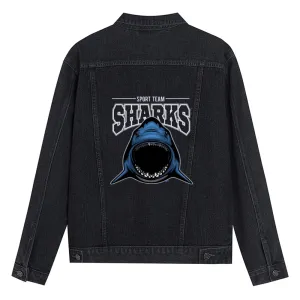 Mens Vintage Cartoon Prints SPORT TEAM SHARKS Denim Jacket