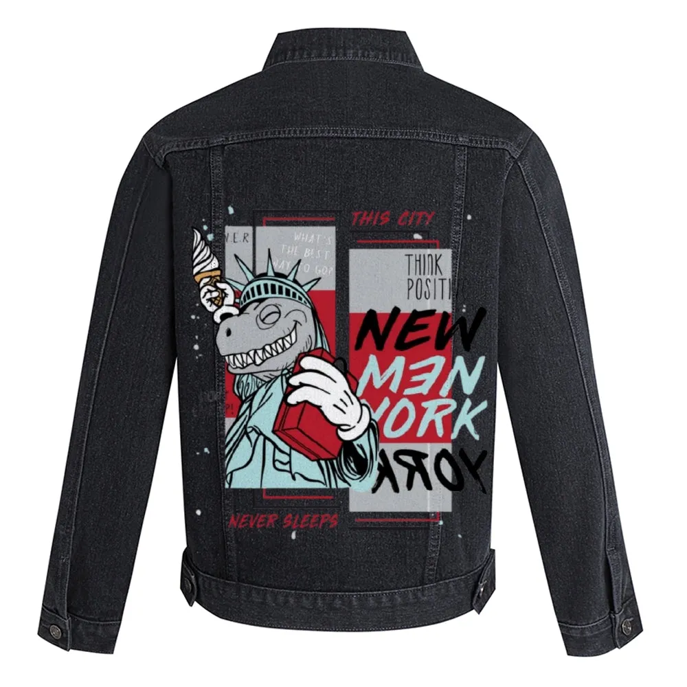 Mens Vintage Cartoon Prints THIS CITY NEVER SLEEPS Denim Jacket