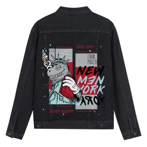 Mens Vintage Cartoon Prints THIS CITY NEVER SLEEPS Denim Jacket