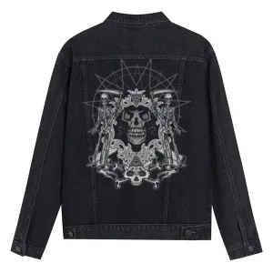 Mens Vintage Gothic Skull Graphic Button Up Denim Jacket