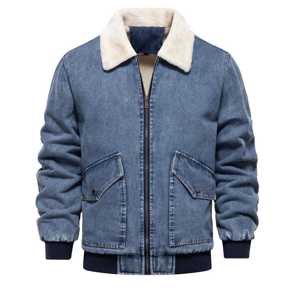 Men's Winter Thicken Lapel Denim Jacket Coat Long Sleeve Casual Splicing Tops | JK258