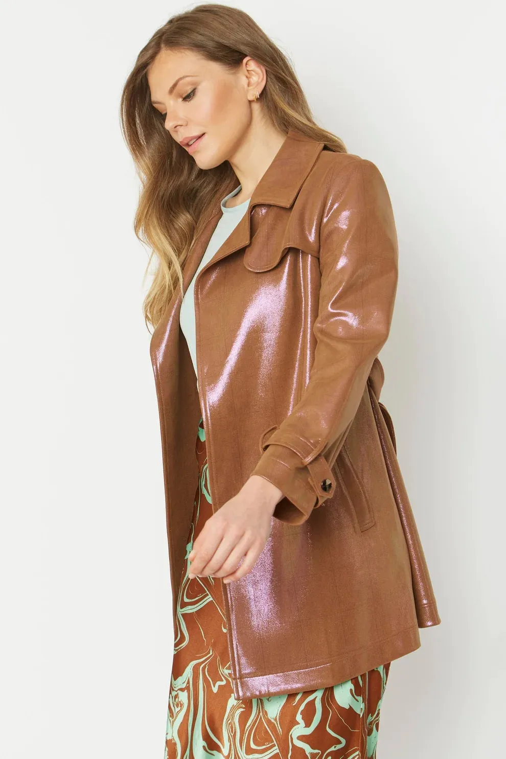 Mocha Metallic Faux Suede Trench Coat