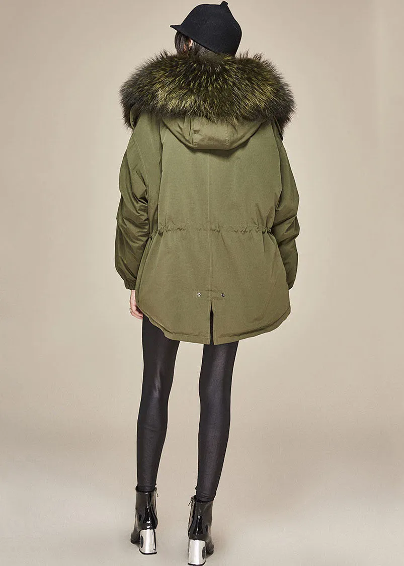 Modern Army Green Hooded Faux Fur Collar Duck Down Puffer Jacket Winter