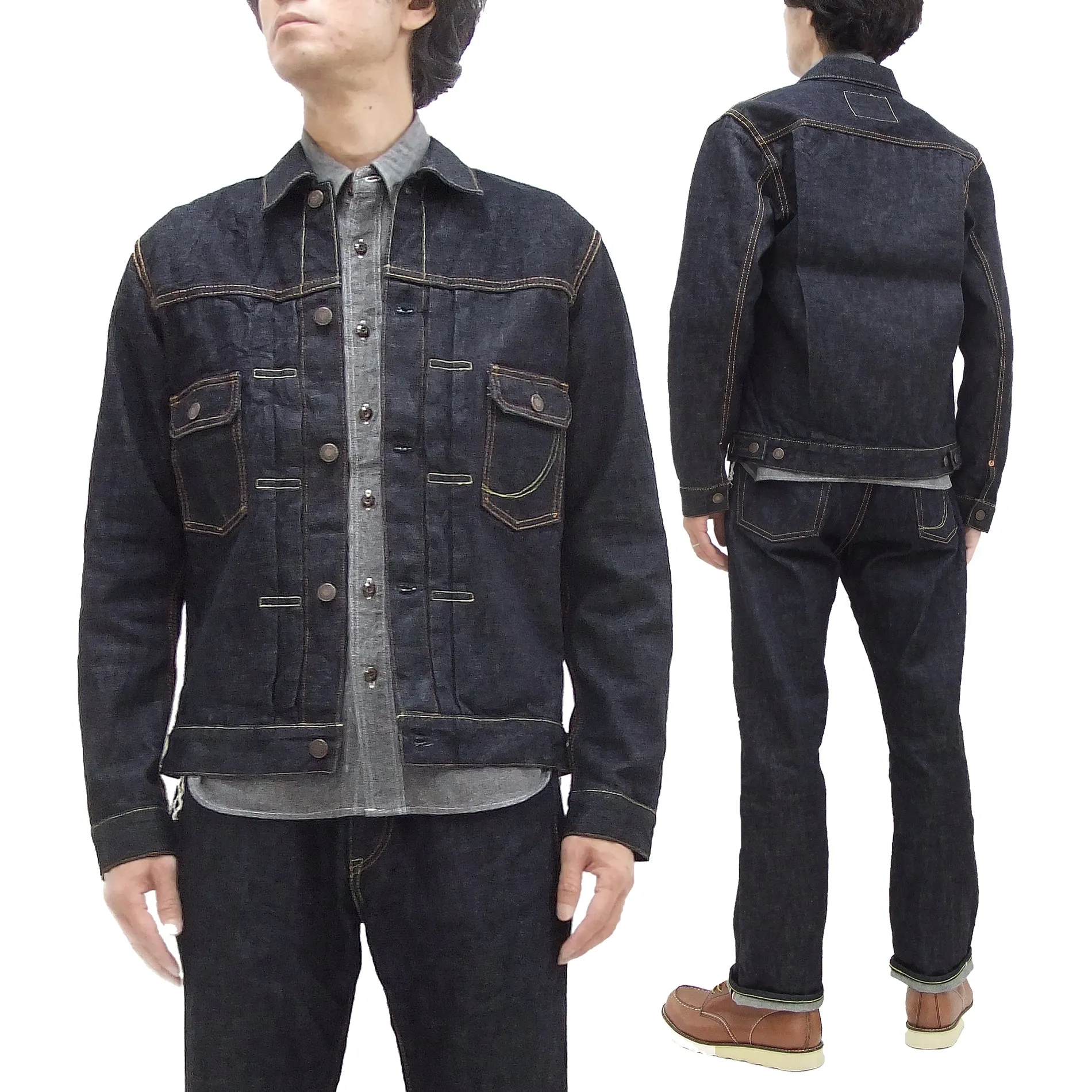 Momotaro Jeans Denim Jacket Men's Slim Fit Type 2 Style 14.7 oz. Deep Indigo Denim Jean Jacket MJ2103 One-Wash