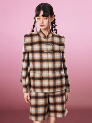 MUKZIN Brown Exquisite Woolen Plaid Suit Coat