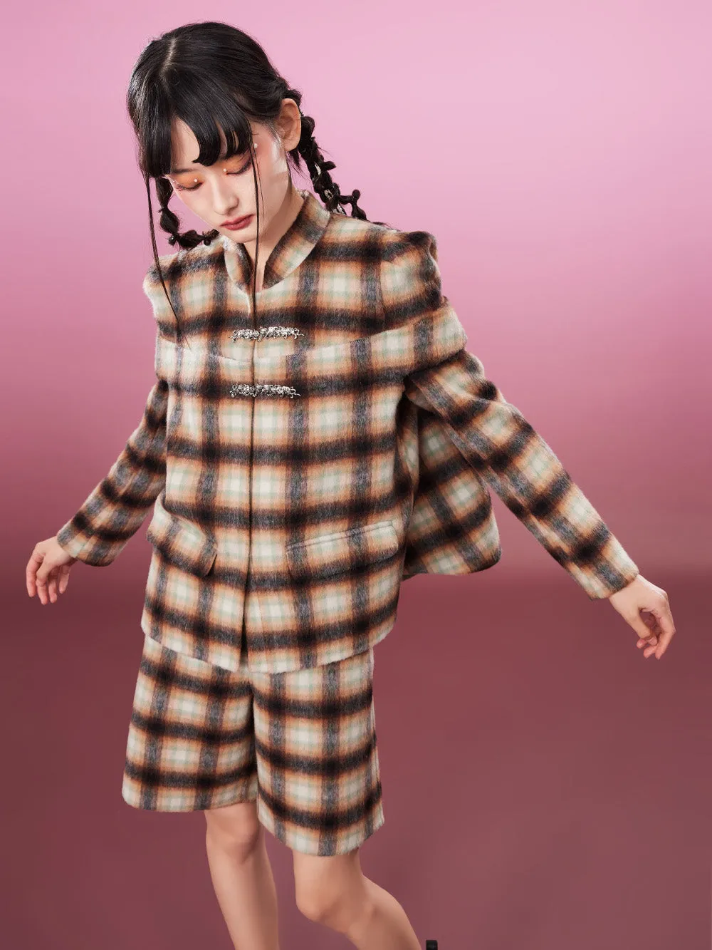 MUKZIN Brown Exquisite Woolen Plaid Suit Coat