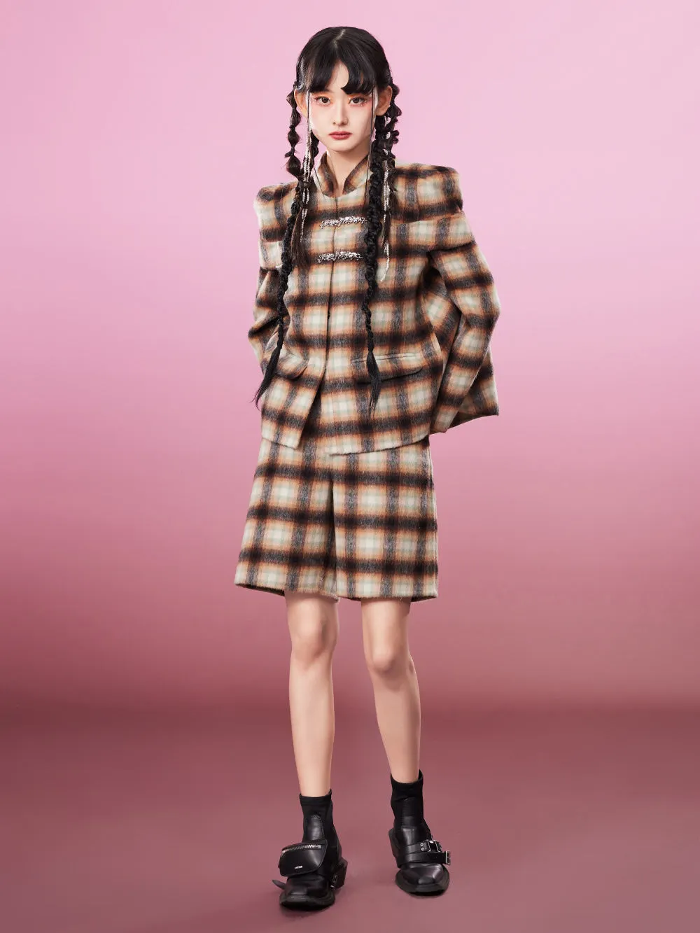 MUKZIN Brown Exquisite Woolen Plaid Suit Coat